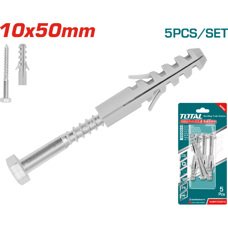 5 pza/ Juego tornillo  ST6.5x65mm cab hexagonal  y taco 10x50 mm . Galvanizado.