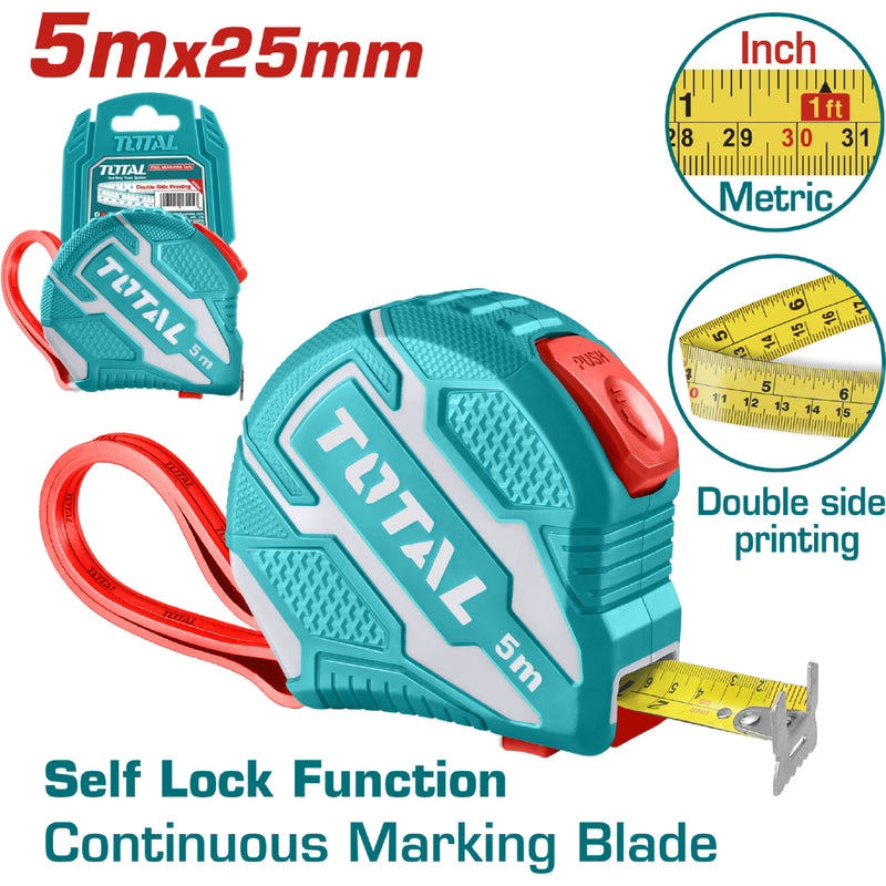 Cinta Métrica de diseño único de Acero de 5mX25mm. Metros/Pulgadas. Con  botón de autobloqueo