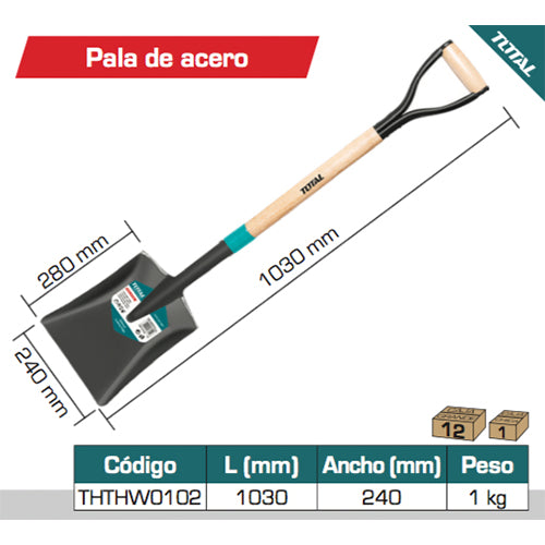 Pala cuadrada  de 1030 mm de largo. Pala 240 x 280 mm mango de madera. Material: Acero al Carbon.