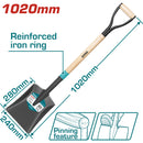 Pala cuadrada  de 1030 mm de largo. Pala 240 x 280 mm mango de madera. Material: Acero al Carbon.