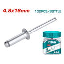 100/pza Remache 4.8x16mm. De extremo abierto . Aluminio.