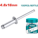 100/pza Remache 4.8x16mm. De extremo abierto . Aluminio.