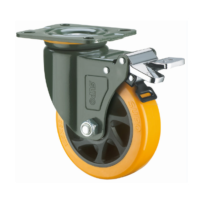 Rueda giratoria con freno  Serie trabajo pesado 150mm 6" Capacidad 235kg Poliuretano  PU naranja