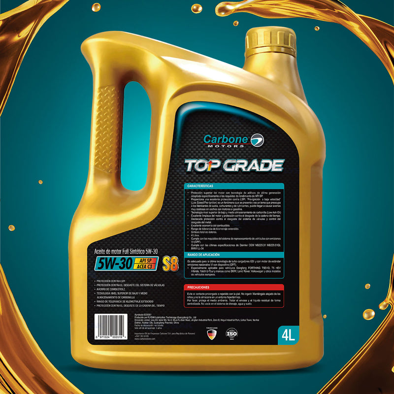 ACEITE DE MOTOR API SP 5W30 FULL SINTÉTICO (TOP GRADE) GASOLINA S8 ACEA C3 CARBONE MOTORS (1  galon)