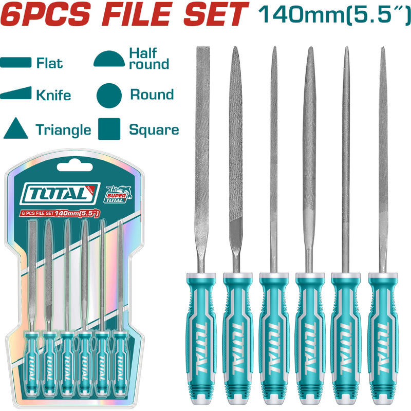 Juego de 6 limas delgadas 140x3 mm plana, redonda, media caña cuadrada triangular y conica