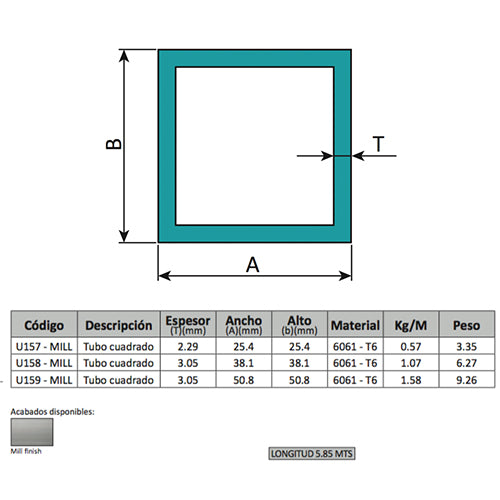 Perfiles de Aluminio Cuadrado 2". Espesor 3.05 mm Largo 5.85 mts. Material 6061-T6. Acabado Mill.