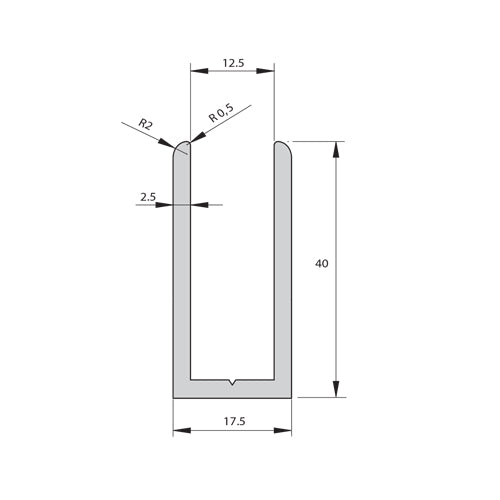 U-Channel Vidrio de 10 - 12 mm de Aluminio. Alto 40 mm. Largo de 3.5 m. Acabado Satinado