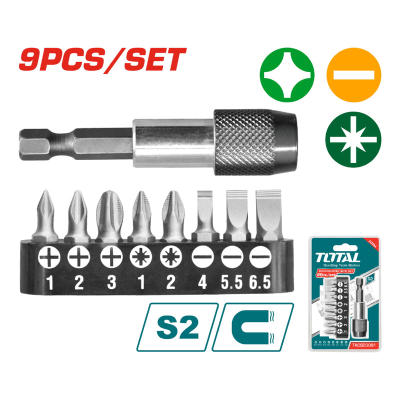 Juego de 9 pza  magnet. Puntas destornillador con adaptador PH1,PH2,PH3,SL4.0,SL5.5,SL6.5,PZ1,PZ2