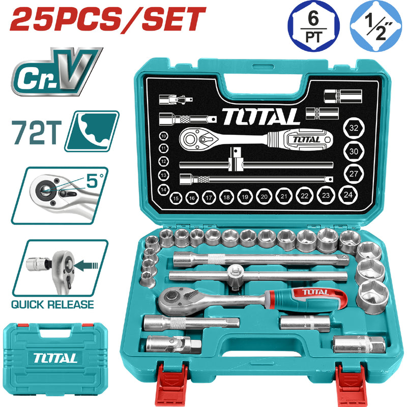 Juego de ratchet con socket 1/2", 25 pzas