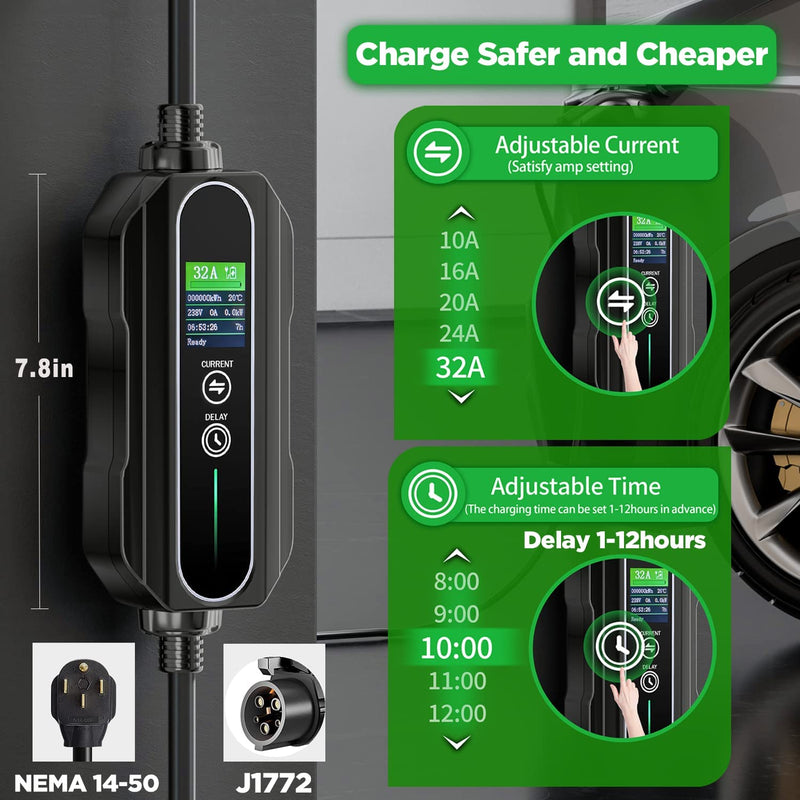 Cargador carros electricos EV nivel 2 y 1, 10-32 amp, 110V-240V, de 25 pies (tipo 1- J1772)