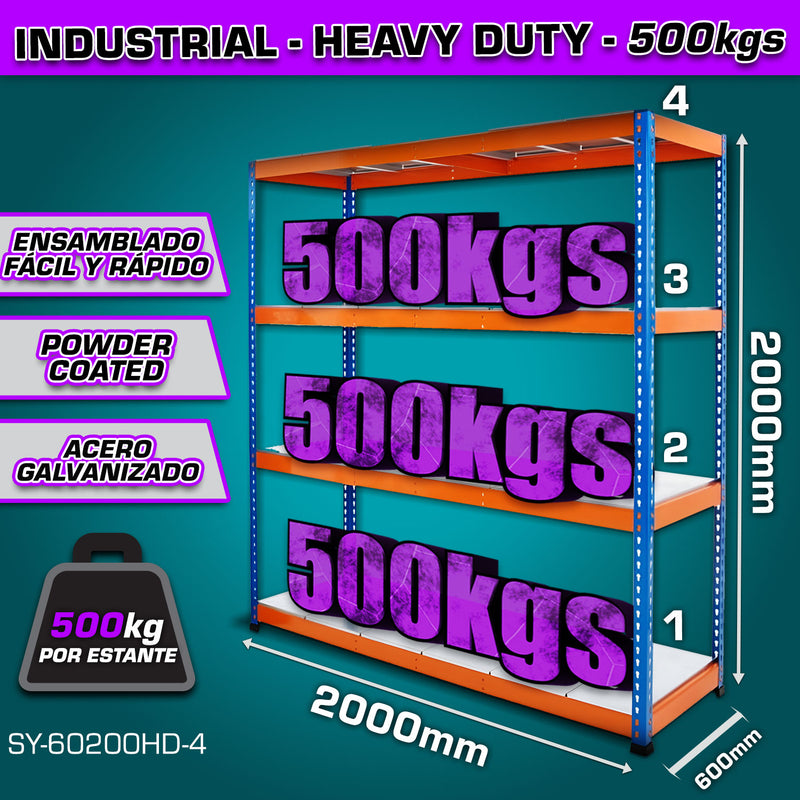 Estante de almacenamiento ajustable 4 niveles 600x2000x2000mm Carga  por nivel 500Kg Estanteria Arma rápido Rack