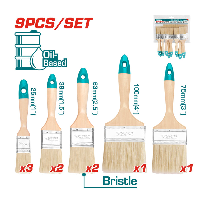Juego de 9 brochas. Mango madera 3pcs  1", 2pcs  1.5", 2pcs   2" , 1pcs  3", 1pcs  4". Alta calidad