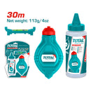 Chalk line (tira linea) 30 mts largo con una botella de tiza y un nivel de burbuja.