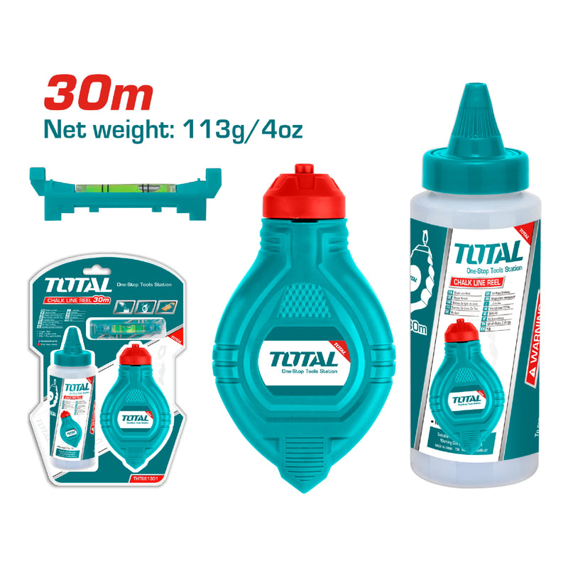 Chalk line (tira linea) 30 mts largo con una botella de tiza y un nivel de burbuja.