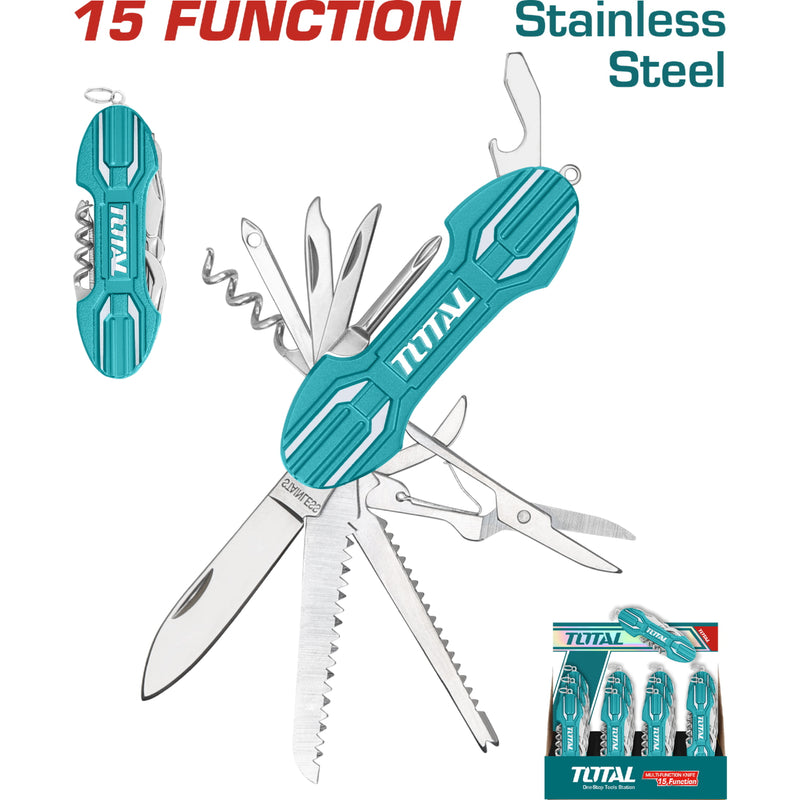 Navaja multifuncional de 15 operaciones Tijeras, serrucho, destornillador y mas, mango de aluminio