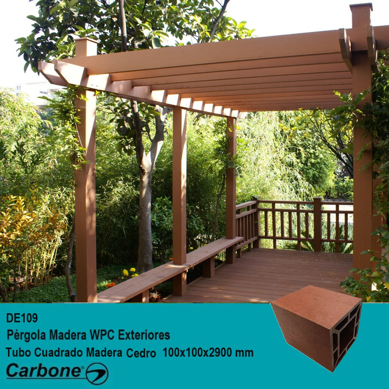 Pergola WPC Tubo Cuadrado 4" Grande Acabado Madera Cedro Exteriores 100x100x2900mm