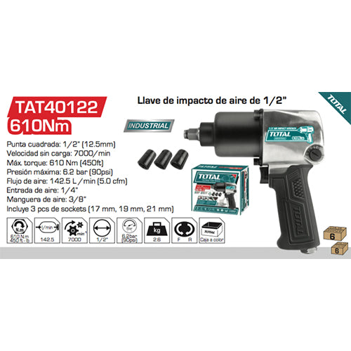 Llave de impacto neumatica 1/2". 7000 rpm.Max.torque:610Nm(450ft)(1 año)