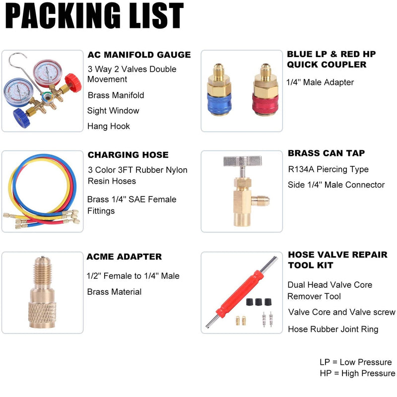 Manometros diagnostico de freon para refrigerantes R134A, R12, R22,  R404A/R502.