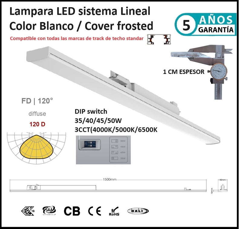 Lampara colgante Lineal comercial 1.5m Blanca frosted 7000lm DIP 35-50W ajustable 4000K/5000K/6500K CRI90 3 Cables AC100-227V
