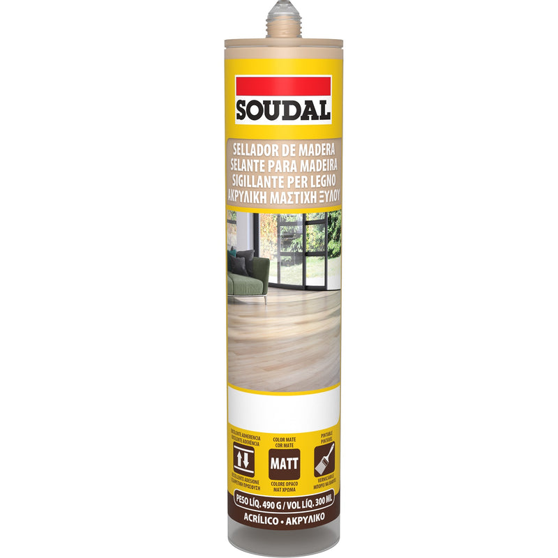 Sellador acrílico para madera, color oak (roble) oscuro. Soudal, 300 ml
