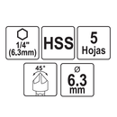 Brocas de avellanado, 1/4" (6.3mm), 5 Hojas, hecho de HSS.