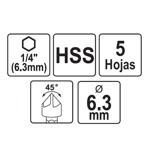 Brocas de avellanado, 1/4" (6.3mm), 5 Hojas, hecho de HSS.