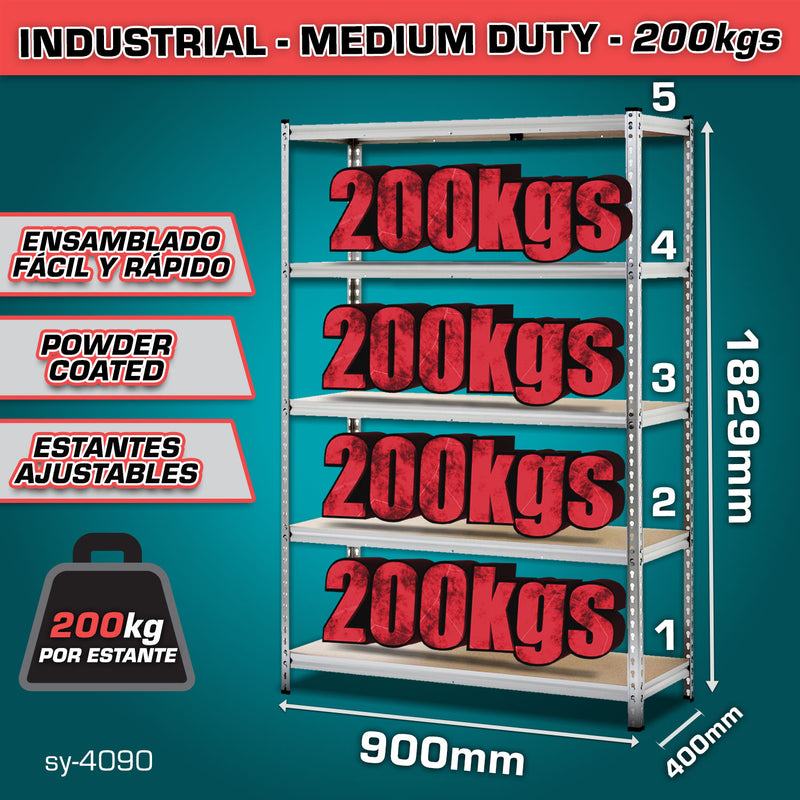 Estante de almacenamiento ajustable 5 niveles 400x900x1829mm. Carga por nivel 200Kg Estanteria Arma rápido Rack