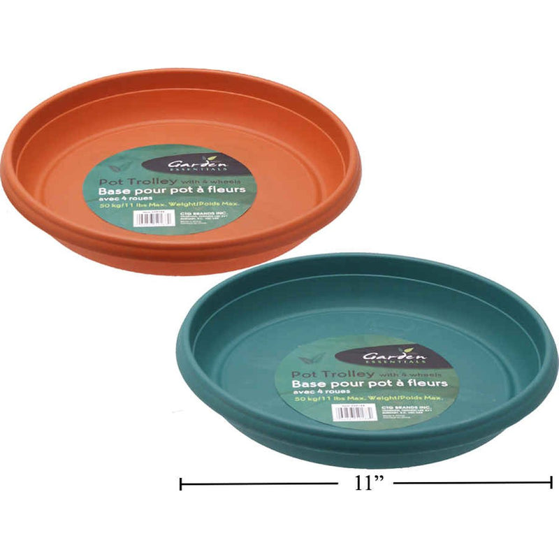 Carrito plástico macetas con 4 ruedas 11 "diám x 2,3" alto (1pza) (colores variados al azar)