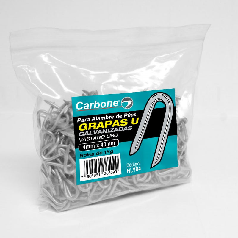 Grapas clavos U galvanizados de 4mm x40 mm. para alambre de puas (Bolsa de 1kg. / 2.2lbs)