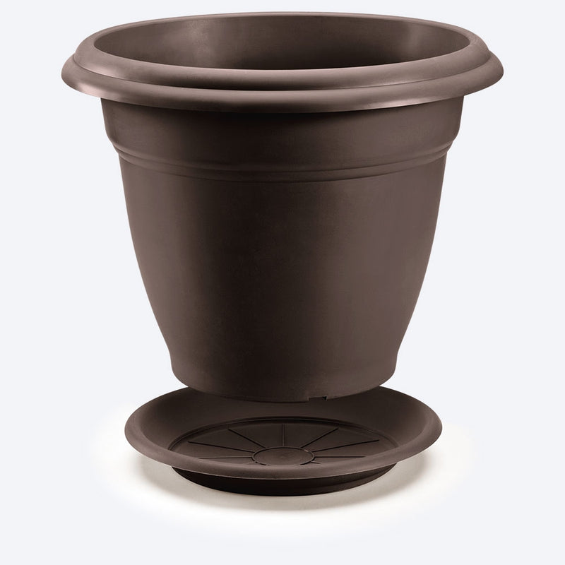 Macetera redonda con plato, de 35 cm, color wengué