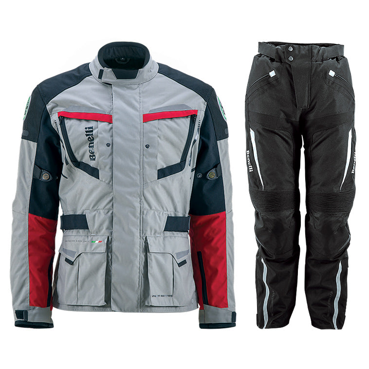 Kits de Chaqueta y pantalón Esencial Benelli Negro/Gris/Rojo. Tallas M, L, XL.