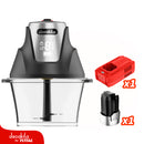 Picador de alimentos inalámbrico gris de 2L con bowl de vidrio y cuchillas de acero inoxidable. Incluye batería + cargador.