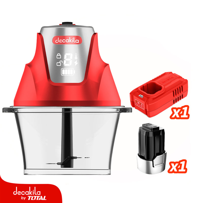 Picador de alimentos inalámbrico rojo de 2L con bowl de vidrio y cuchillas de acero inoxidable.  Incluye batería + cargador.