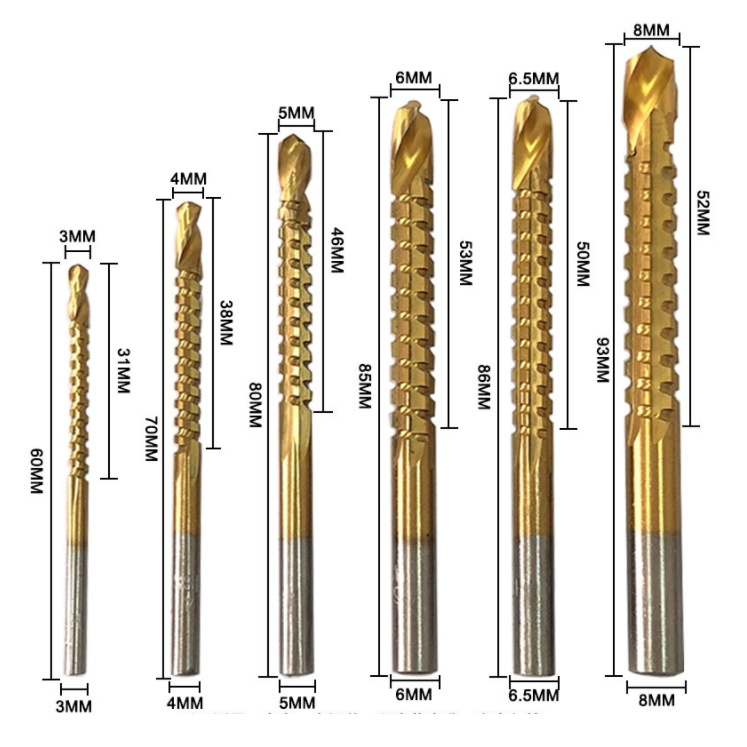 Juego 6 pzas brocas sierras fracturadas Revestidas en titanio 3/4/5/6/6.5/8mm