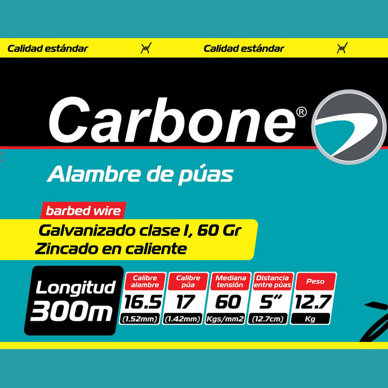 Alambre de puas calibre 16.5 de 300m zincado 60Gr Mt2 clase I (Amarillo estandar) 12.7 kg