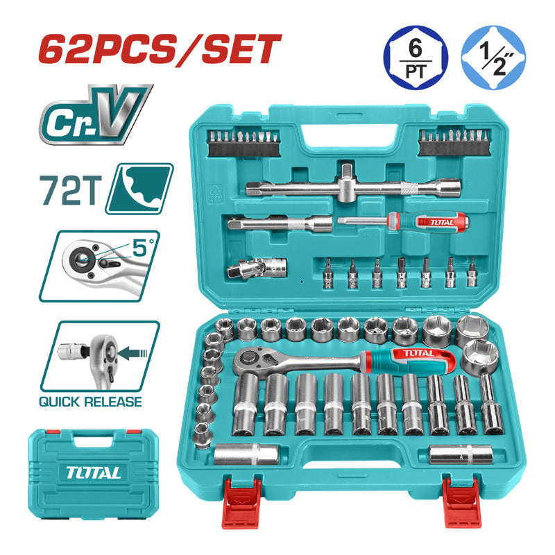 Dados Socket Ratchet Mango Kit 1/2" Cr-V 45T. Set 60 piezas variadas en juego maletin kit