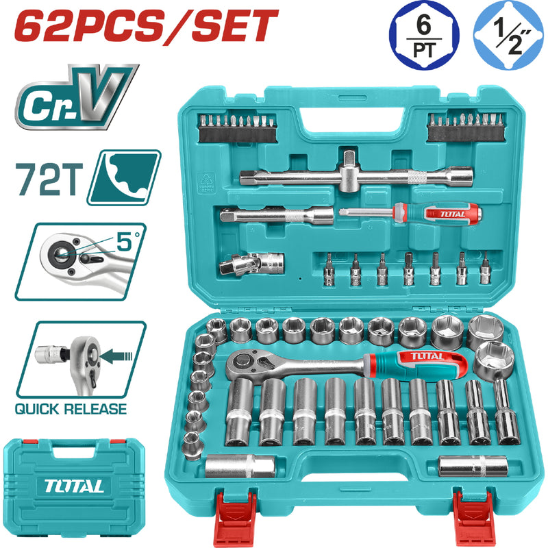 Dados Socket Ratchet Mango Kit 1/2" Cr-V 45T. Set 60 piezas variadas en juego maletin kit