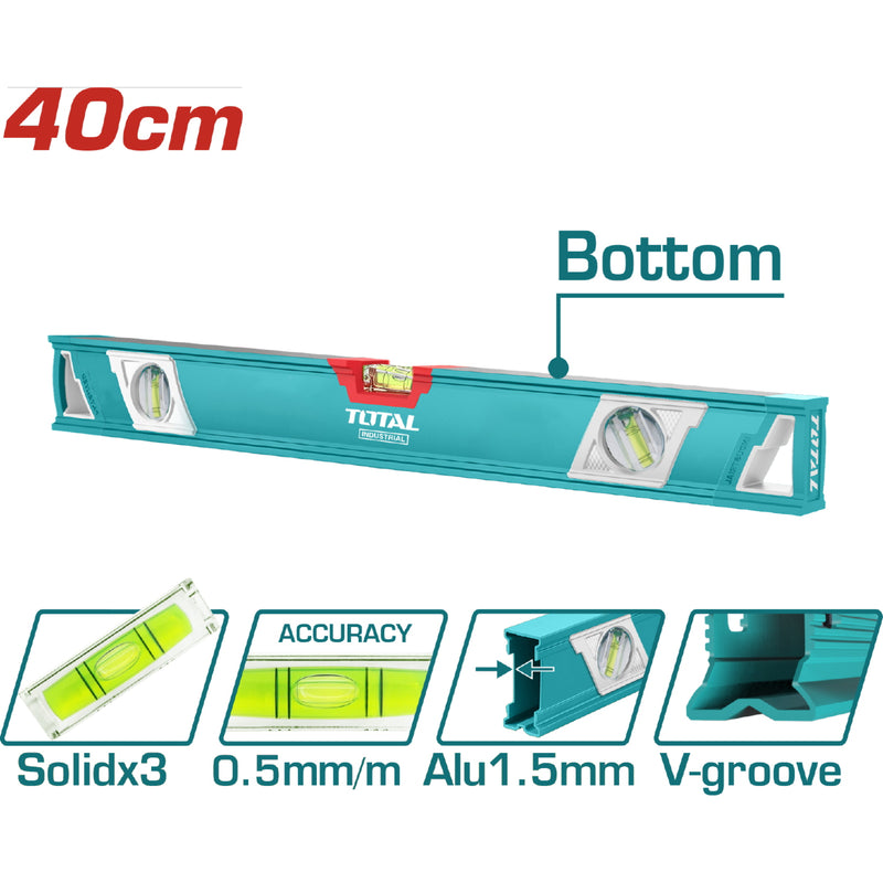 Nivel de burbuja 40 cm. Fresado en ambos lados. Burbujas nivel de precisión 0.5mm/m. Ranuras V