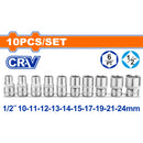 Dados Socket Hexagonales 1/2". Tamaño: 10-24mm. Set de 10 piezas. Cr-V.Cromado. Térmico.