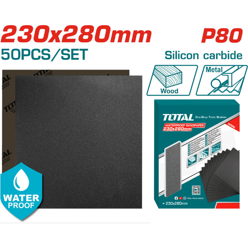 Lijas de agua Hoja P80 230x280mm Carburo de Silicio Impermeable Set 50 piezas. Ideal para lijadora.