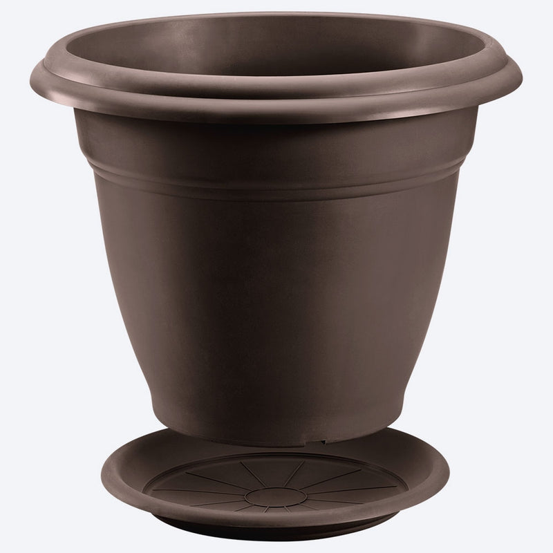 Macetera redonda con plato, de 50 cm, color wengué