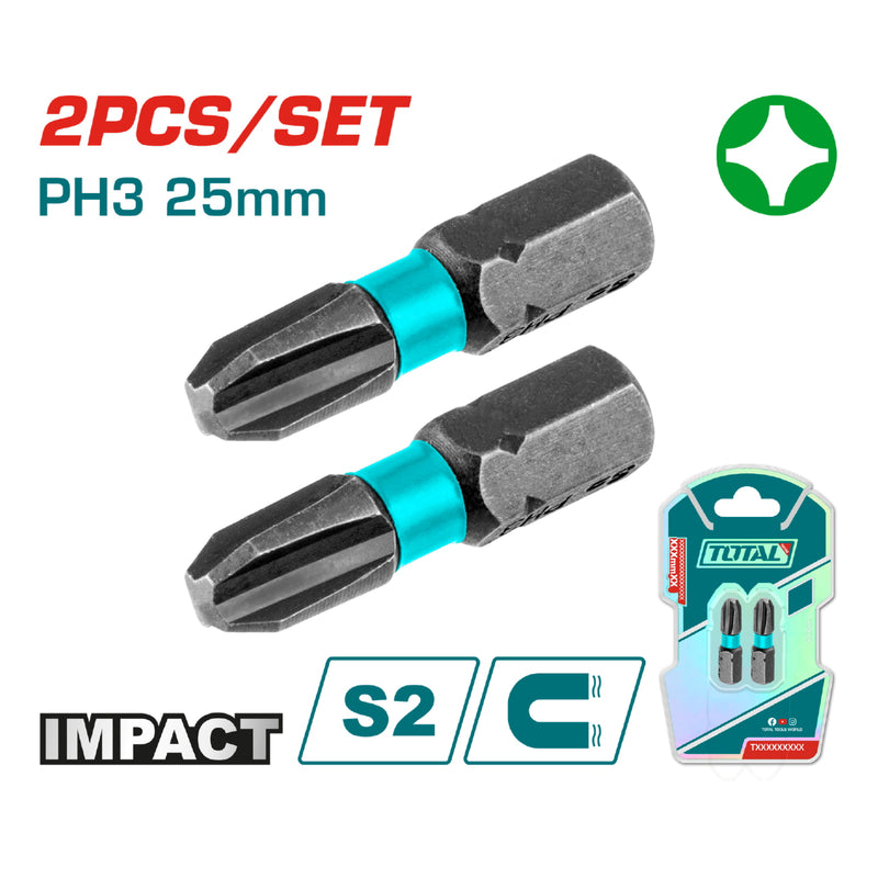 Puntas de Destornillador de Impacto PH3 25mm S2 Set de 2 pzas. Magnético. Tipo Phillips