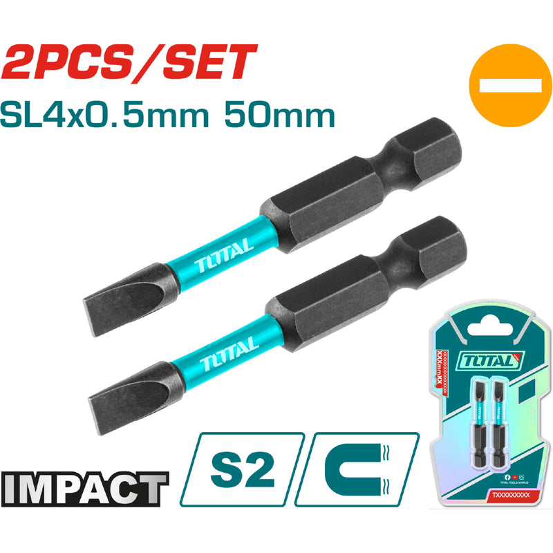 Puntas de Destornillador de Impacto SL4 50mm S2 Set de 2 pzas. Magnético. Tipo Plano.