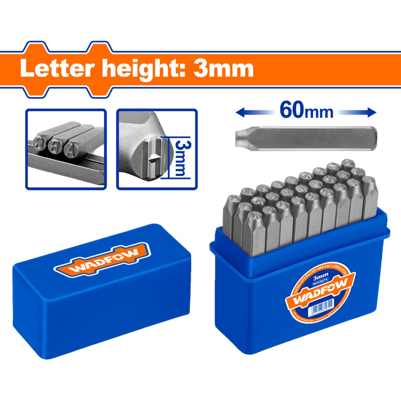 Cinceles de letras  Set 27 pzas. Altura de letra: 3mm. Long: 60mm. Ponchador de letras