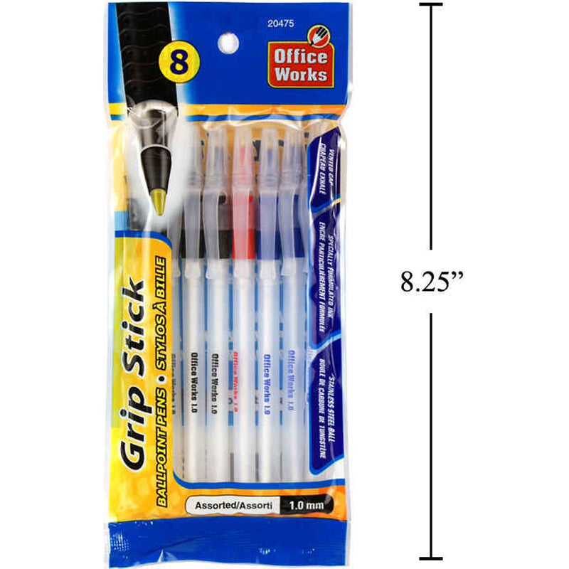 8 piezas Bolígrafos Grip Stick de 1 mm, 3 colores: azul, rojo y negro