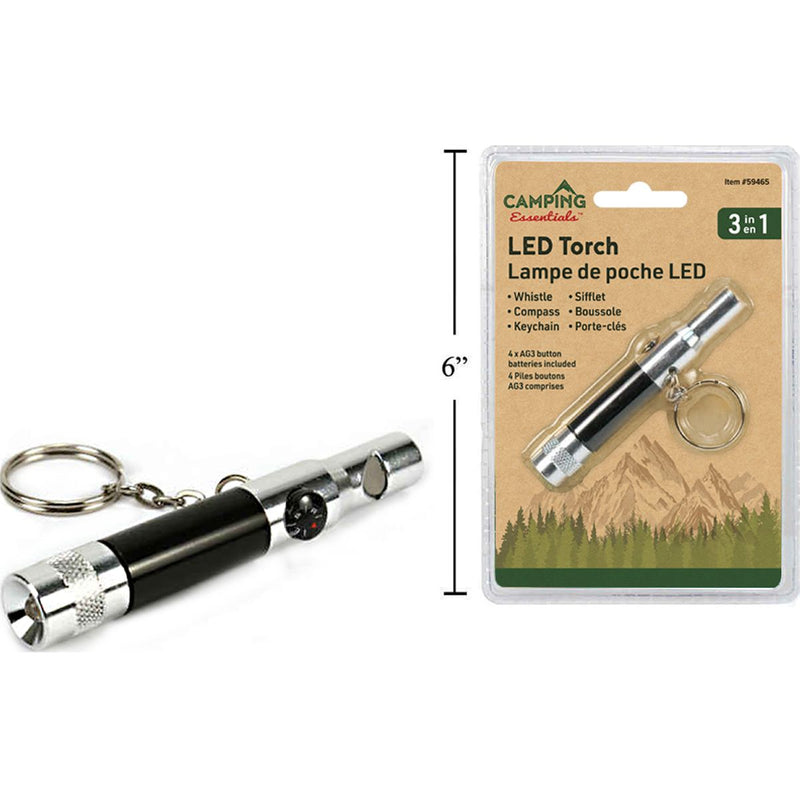 Antorcha LED 3 en 1 para acampar con silbato, brújula y llavero