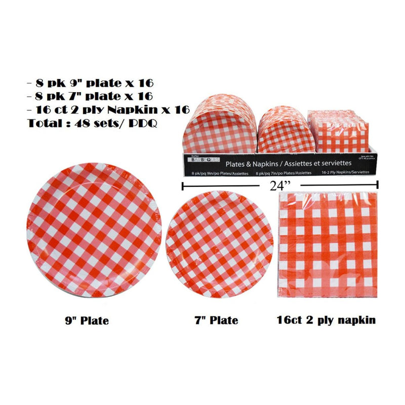 Juego Vajilla platos desechables BBQ con cuadros rojo vichy