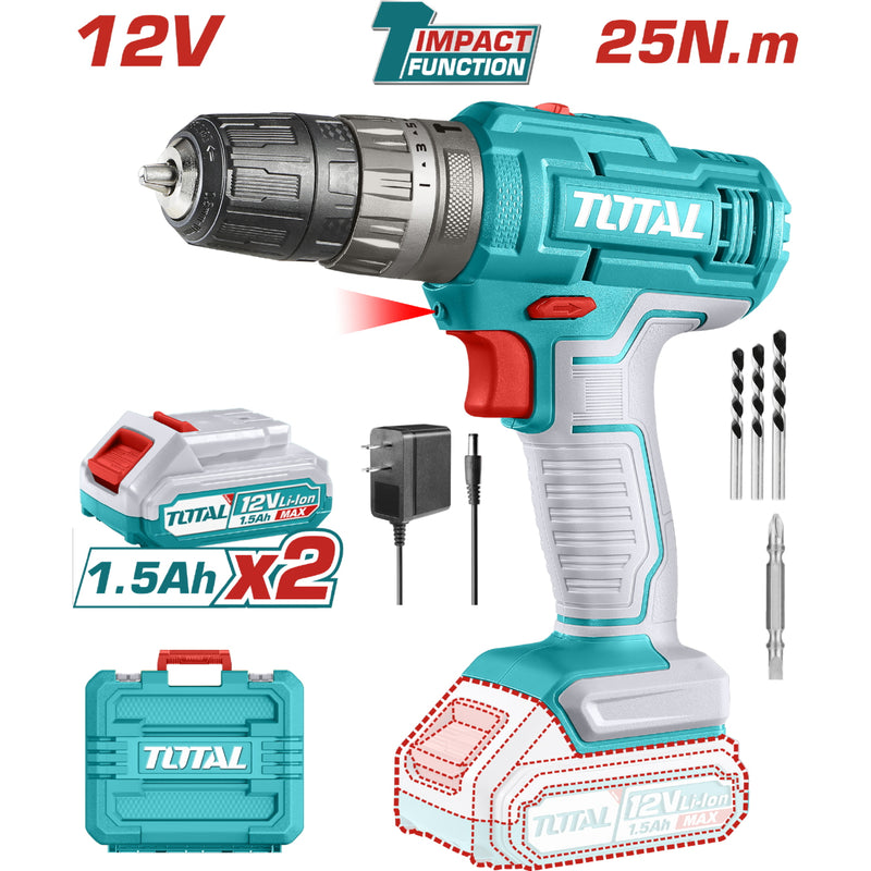Drill Taladro Inalámbrico 3/8" 12V Impacto 0.8-10mm 25Nm 22500bpm Con batería y cargador.
