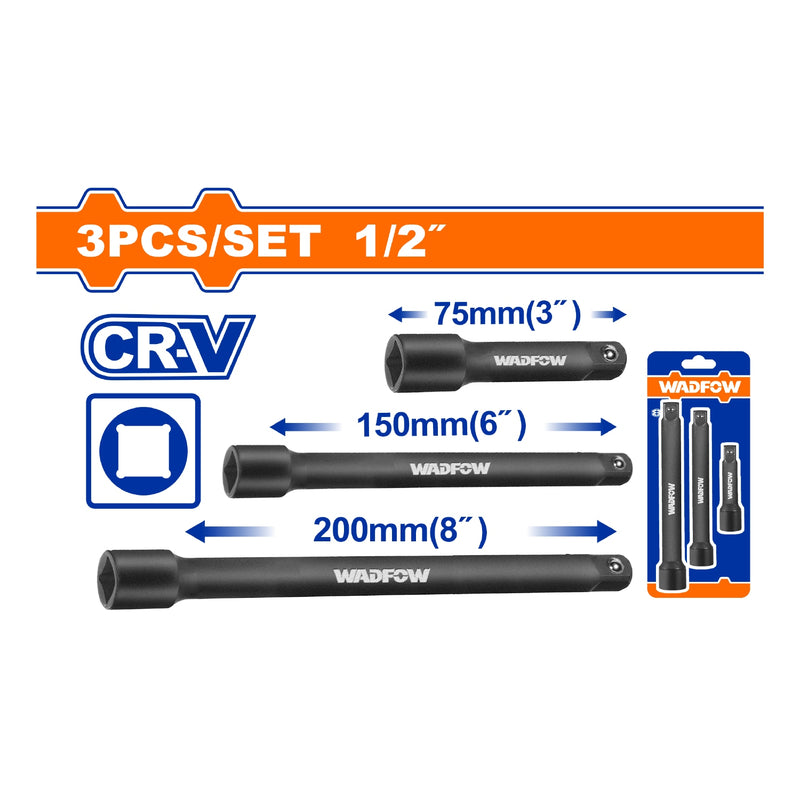 Barras de extensión de impacto de 1/2" Material: Cr-V Tratamiento térmico. Juego de 3 piezas