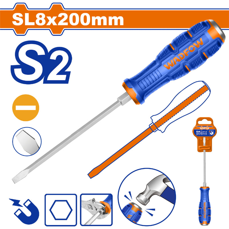 Destornillador Pasante Plano 8x200mm Material de la hoja: S2 Tipo de punta: Ranurada SL8 Magnético.